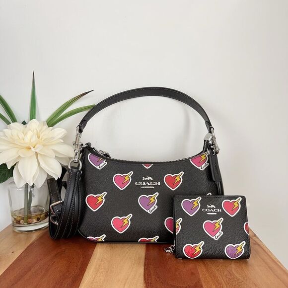 NWT Coach Teri Shoulder‎ Bag and Snap Wallet With Heart Bolt Print - Picture 1 of 11